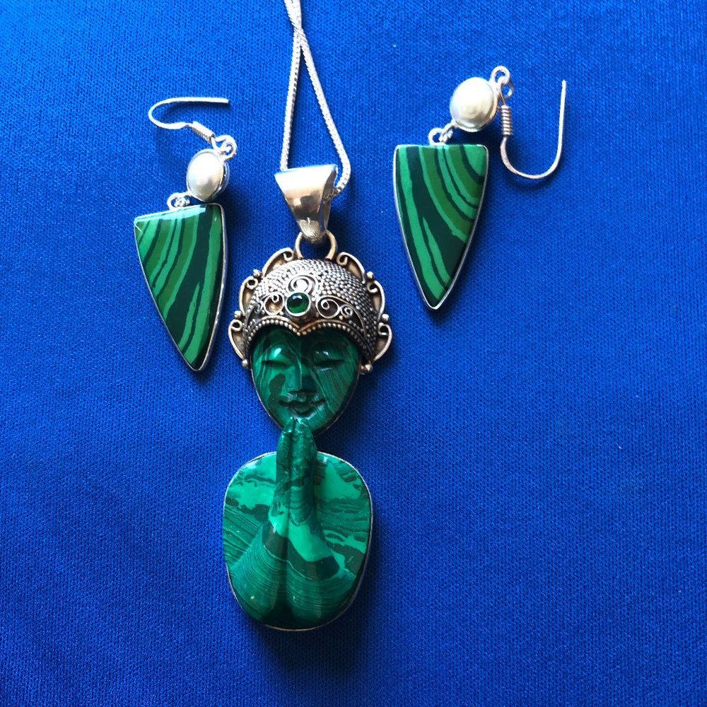 A Russian Azurite Malachite Praying Women 925 Stamped With Matching Earrings.